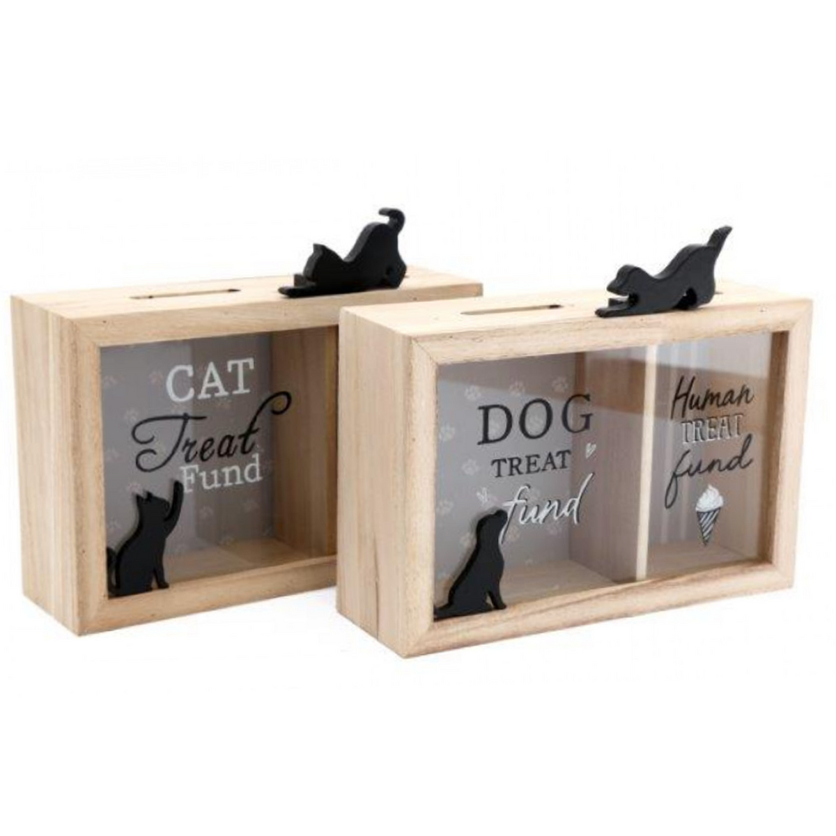 Dog & Cat Treat Fund Wooden Money Box (Both Designs) on a White Background | Happy Piranha