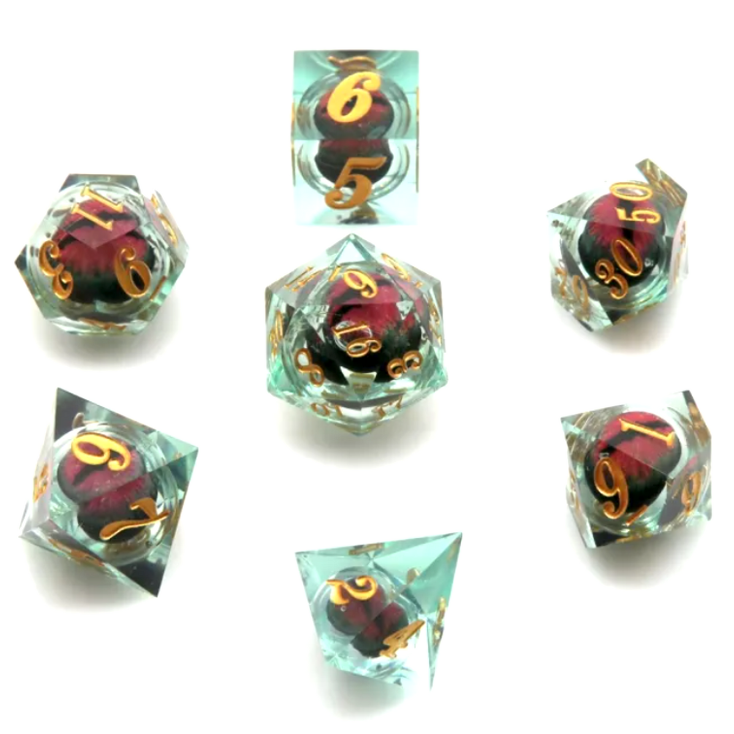 Black Rolling Dragon Eyes: Liquid Core Sharped Edged Polyhedral Dice Lined up in a Circle on a White Background | Happy Piranha