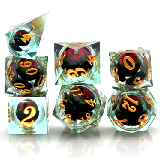 Black Rolling Dragon Eyes: Liquid Core Sharped Edged Polyhedral Dice Set Stacked in a Pile on a White Background | Happy Piranha