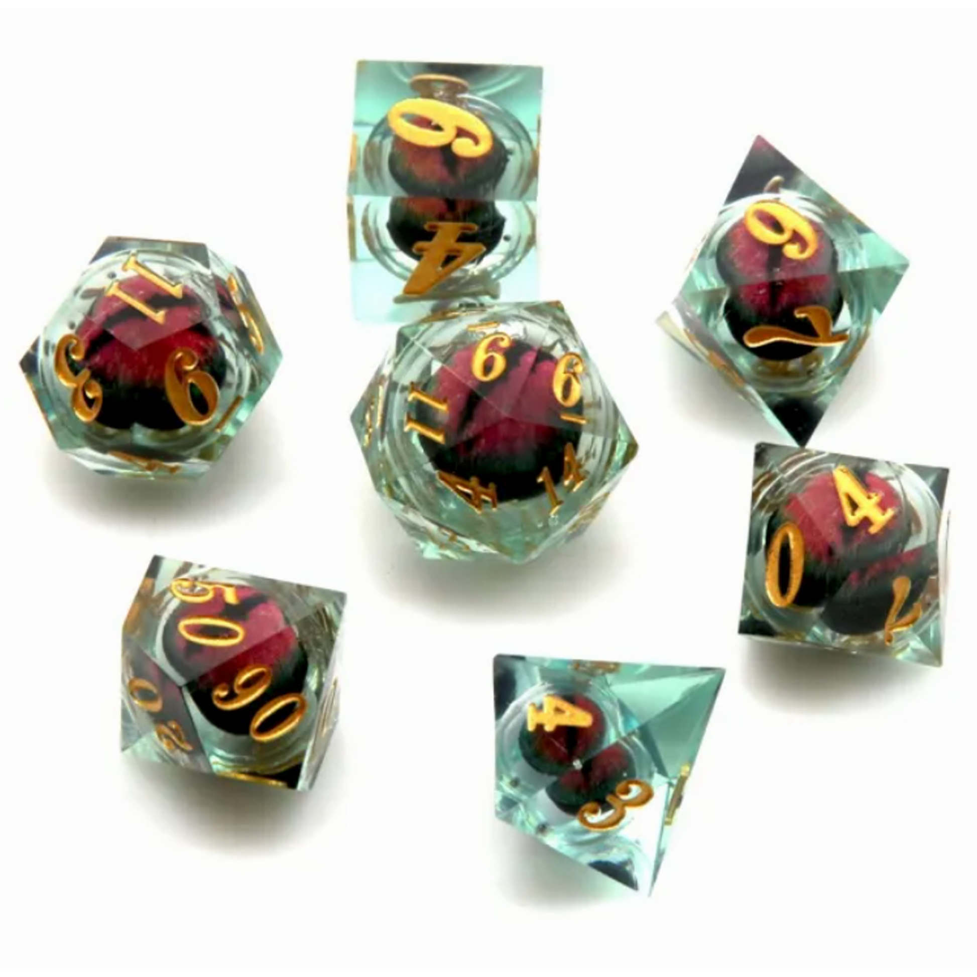 Black Rolling Dragon Eyes: Liquid Core Sharped Edged Polyhedral Dice Spread Out on a White Background | Happy Piranha