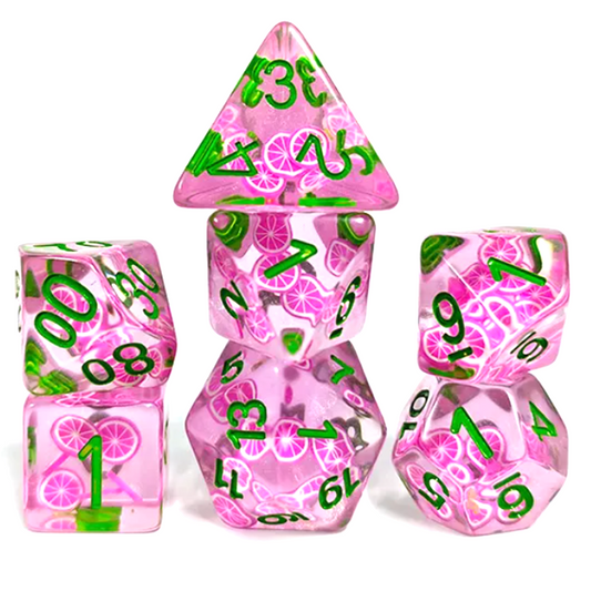 Dragon Fruit Dice - Mini 3D Fruit Polyhedral Dice Set in a Stack on a White Background | Happy Piranha