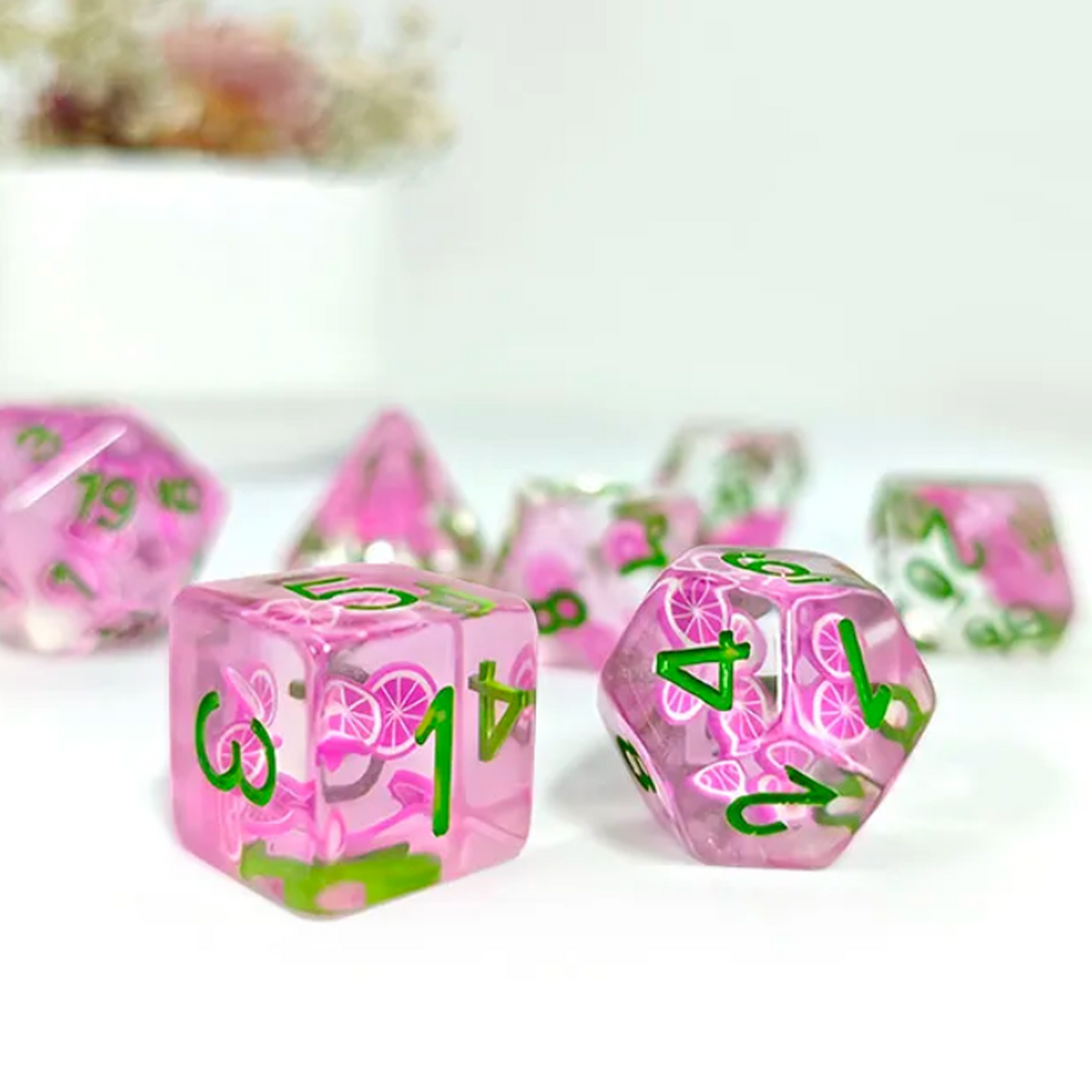 Dragon Fruit Dice - Mini 3D Fruit Polyhedral Dice Close up of a D6 and D8  on a White Background | Happy Piranha