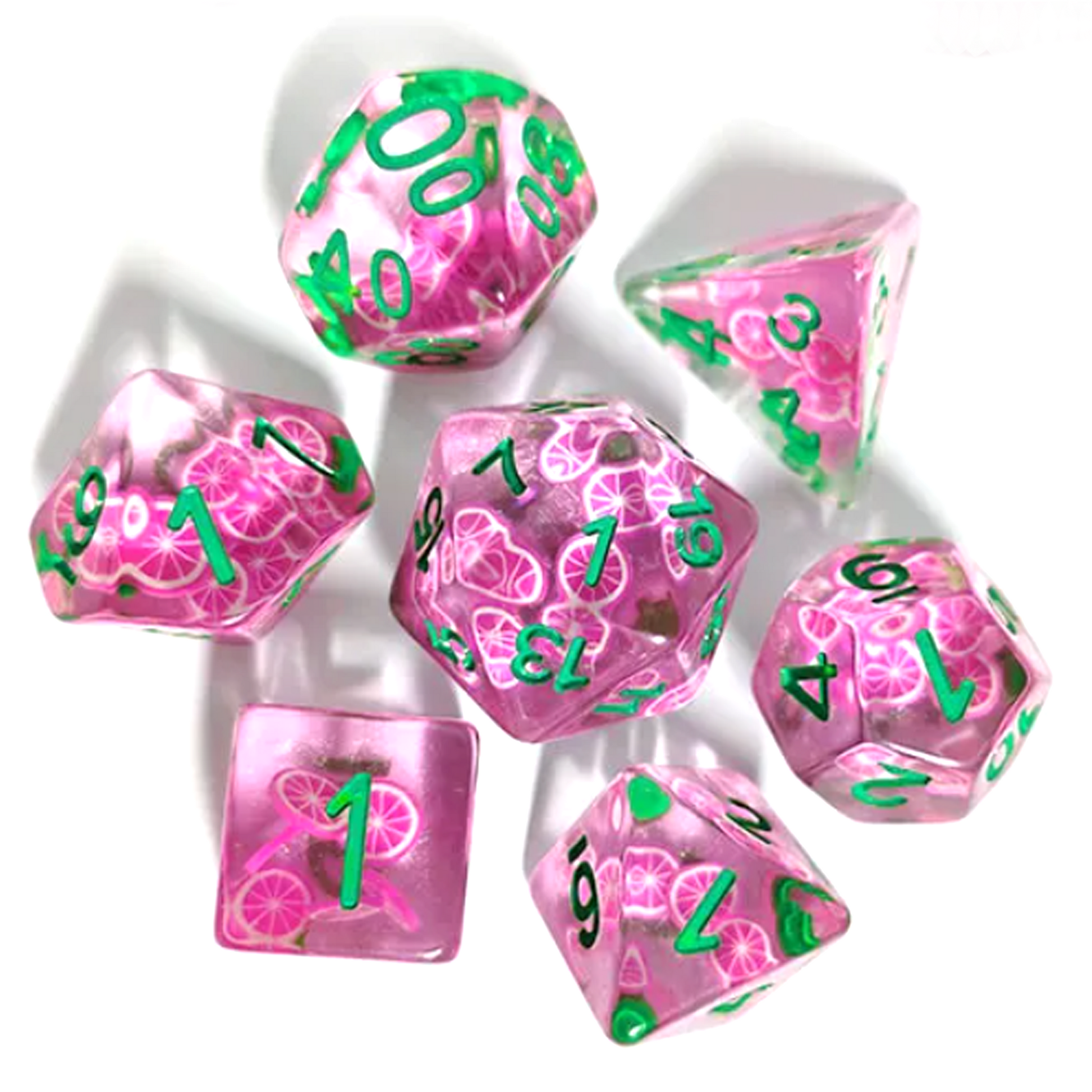 Dragon Fruit Dice - Mini 3D Fruit Polyhedral Dice Set in a Circle Viewed from Above on a White Background | Happy Piranha