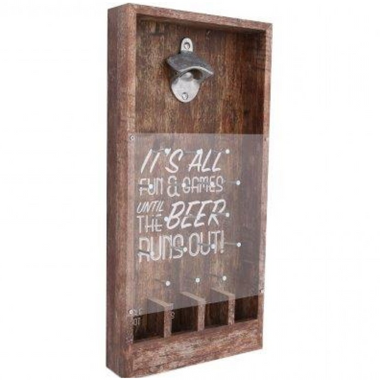 Wall Mounted Bottle Opener & Drinking Game (Side) | Happy Piranha