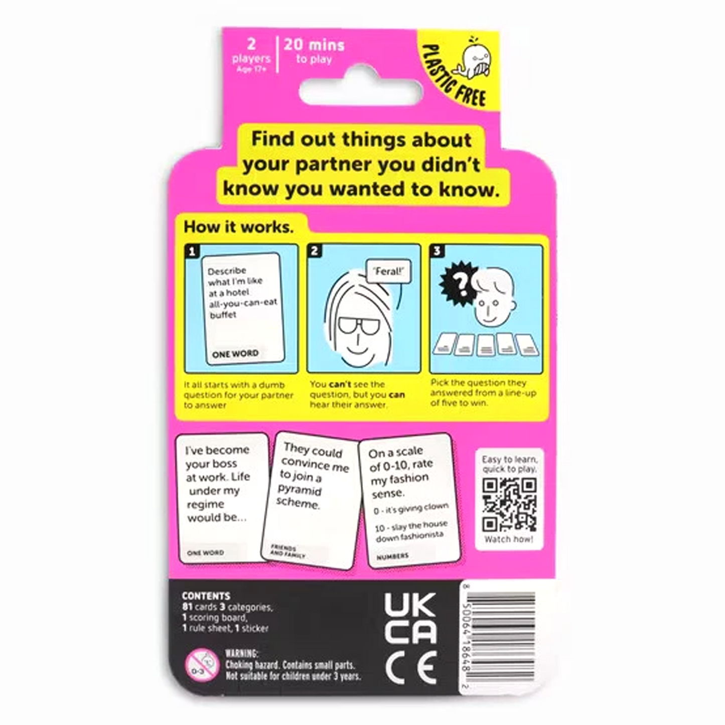 Dumb Questions to Ask Your Partner Travel Edition Card Game (Back of Box) on a White Background | Happy Piranha