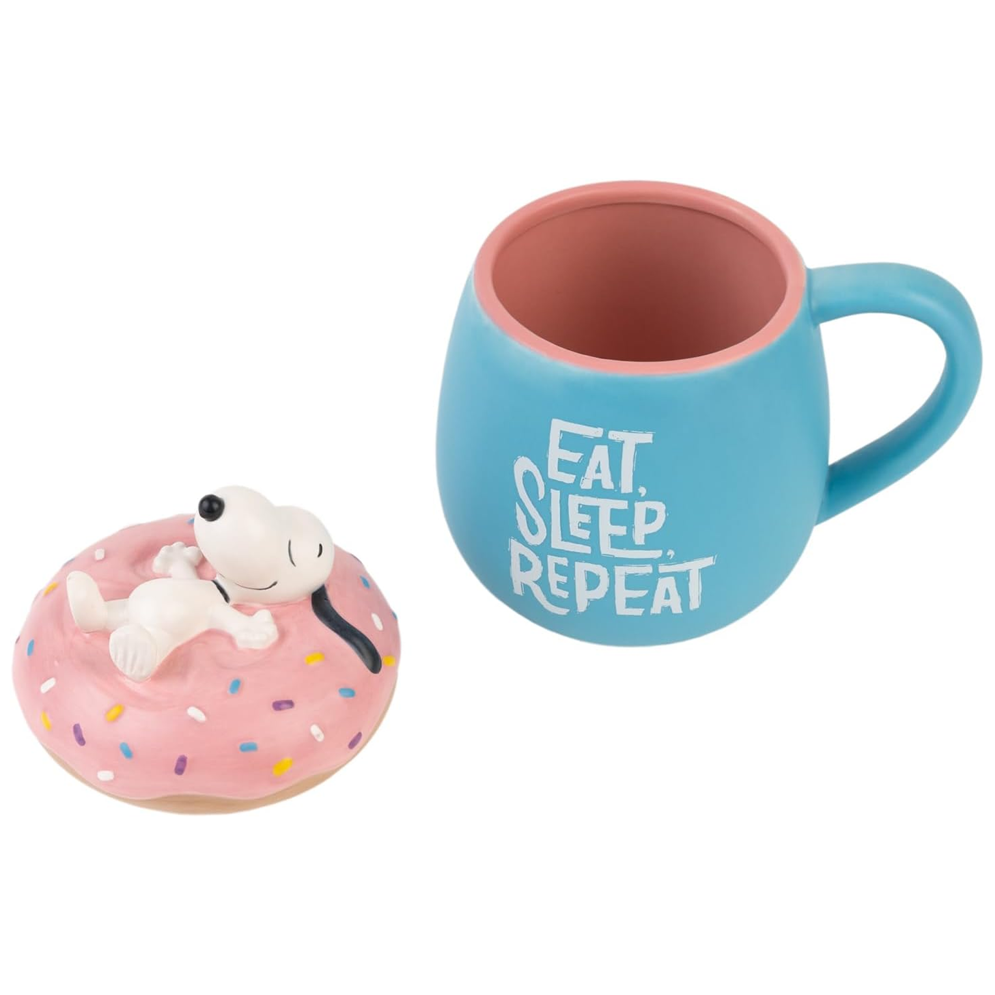 Snoopy 'Eat Sleep Repeat' Doughnut Design 3D Mug (With Lid Off) | Happy Piranha