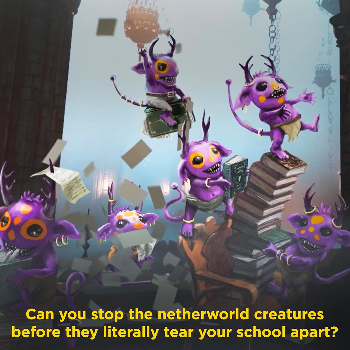EXIT: The Magical Academy Escape Room Board Game Infographic Showing Some Purple Gremlins Causing Havoc in a Library | Happy Piranha