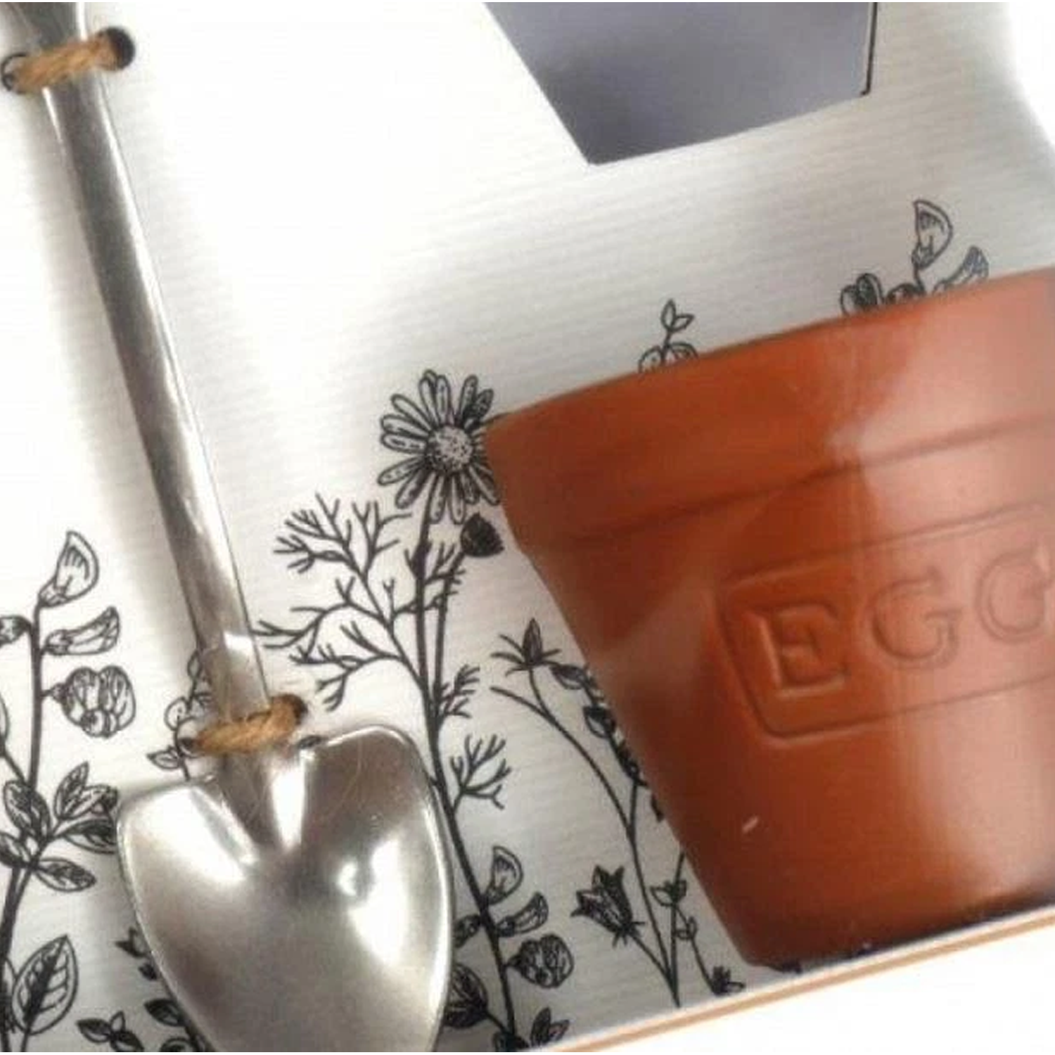 Plant Pot & Spade Shaped Egg Cup & Spoon Pair (Close Up) on a White Background | Happy Piranha