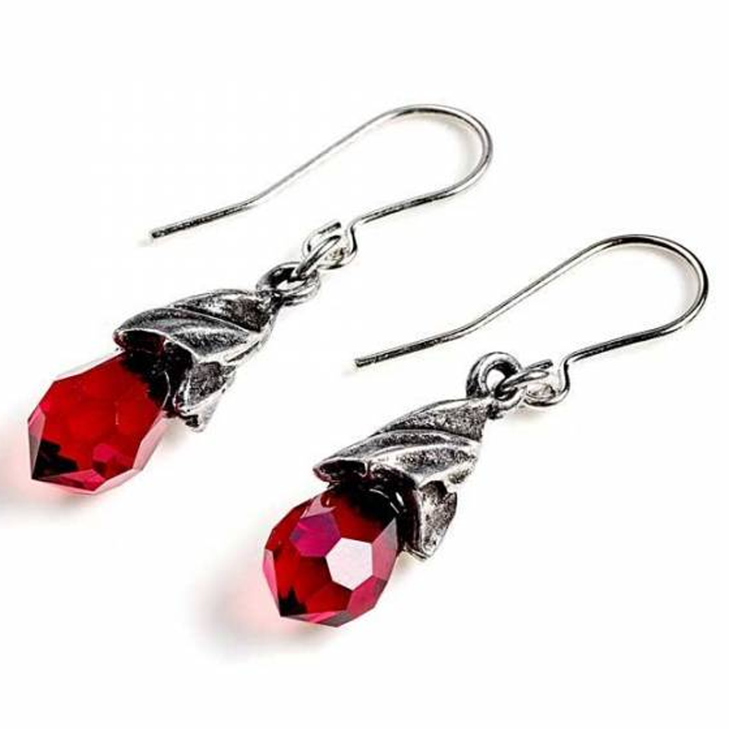 Red Empyrean Tears: Pewter and Crystal Dropper Earrings (Side) | Happy Piranha