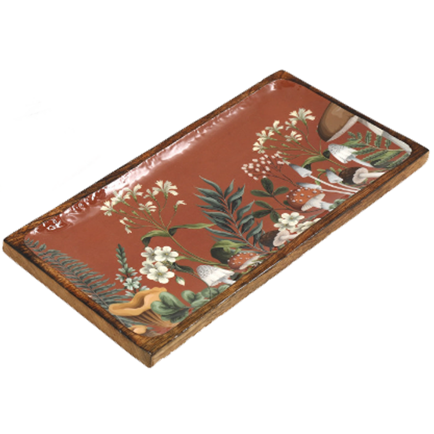 Large Mushroom Forest Design Enamelled Wooden Tray (Red) | Happy Piranha