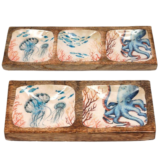 Enamelled Wooden Ocean Design Trinket Trays