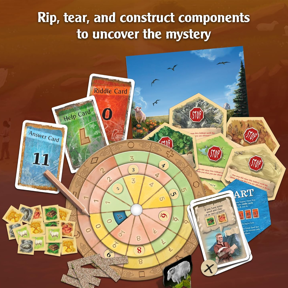 EXIT: Adventures on Catan Escape Room Board Game Game Components on a Brown Background | Happy Piranha