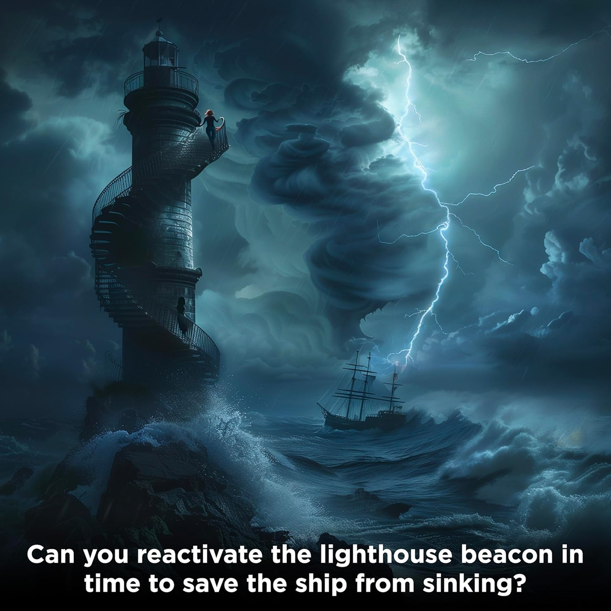 EXIT The Game + Puzzle: The Deserted Lighthouse Infographic Showing a Lighthouse in a Dark and Stormy Sea | Happy Piranha