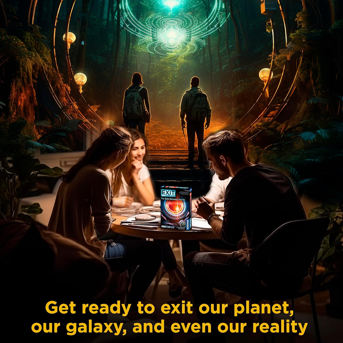 EXIT: The  Gate Between Worlds Escape Room Board Game Infographic Showing a Scifi Cave Setting and Players at a Table | Happy Piranha