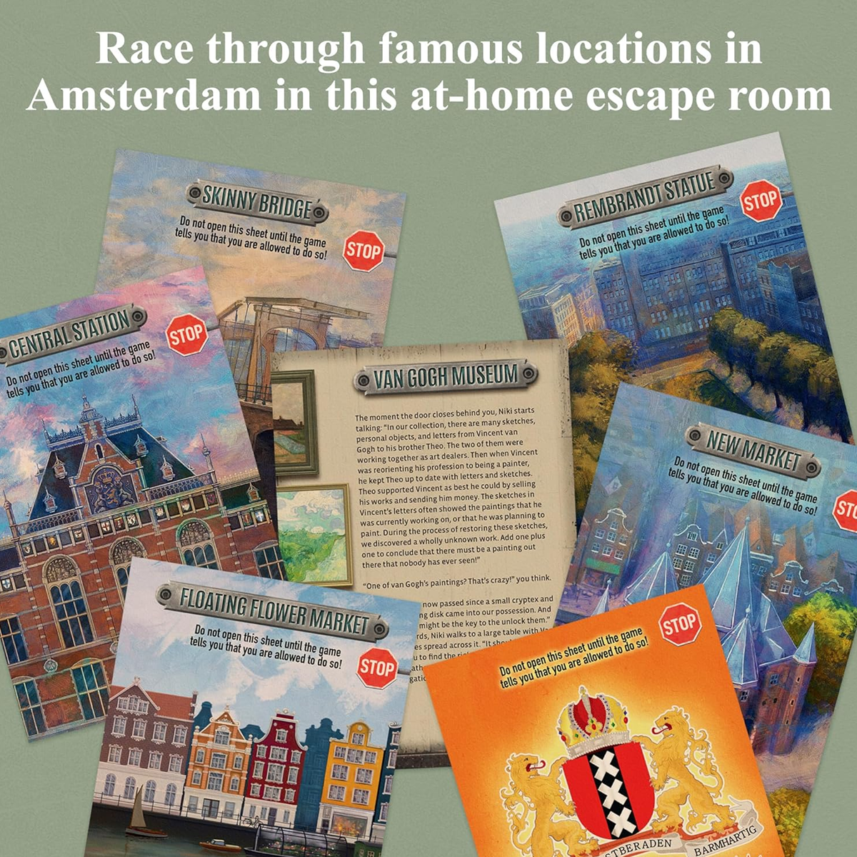 EXIT: The Hunt Through Amsterdam Escape Room Board Game Infographic Showing Various Pamphlets of Amsterdam on a Green Background | Happy Piranha