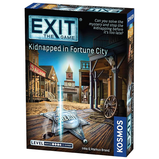 EXIT: Kidnapped in Fortune City Escape Room Board Game Front of Box on a White Background | Happy Piranha