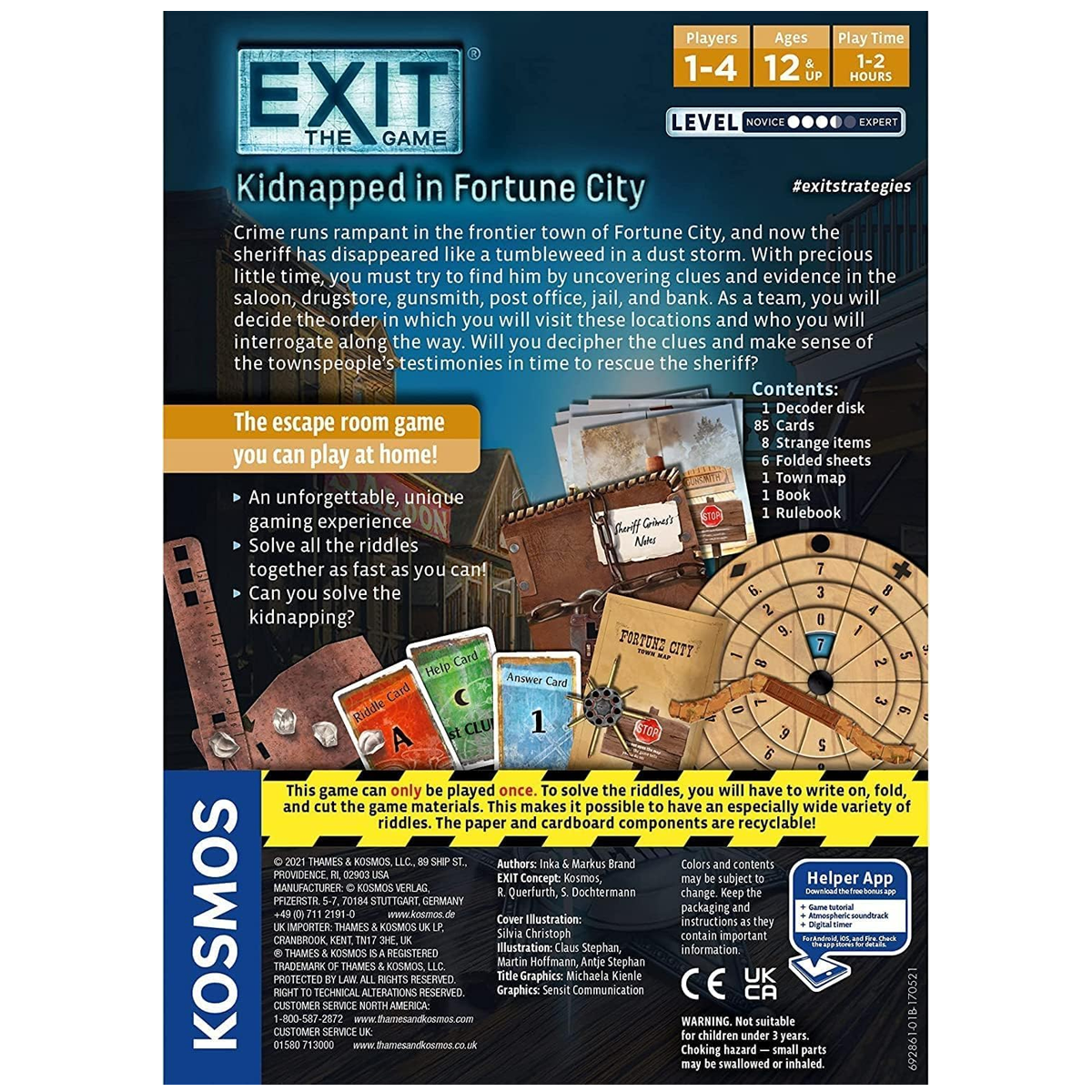 EXIT: Kidnapped in Fortune City Escape Room Board Game Back of Box on a White Background | Happy Piranha