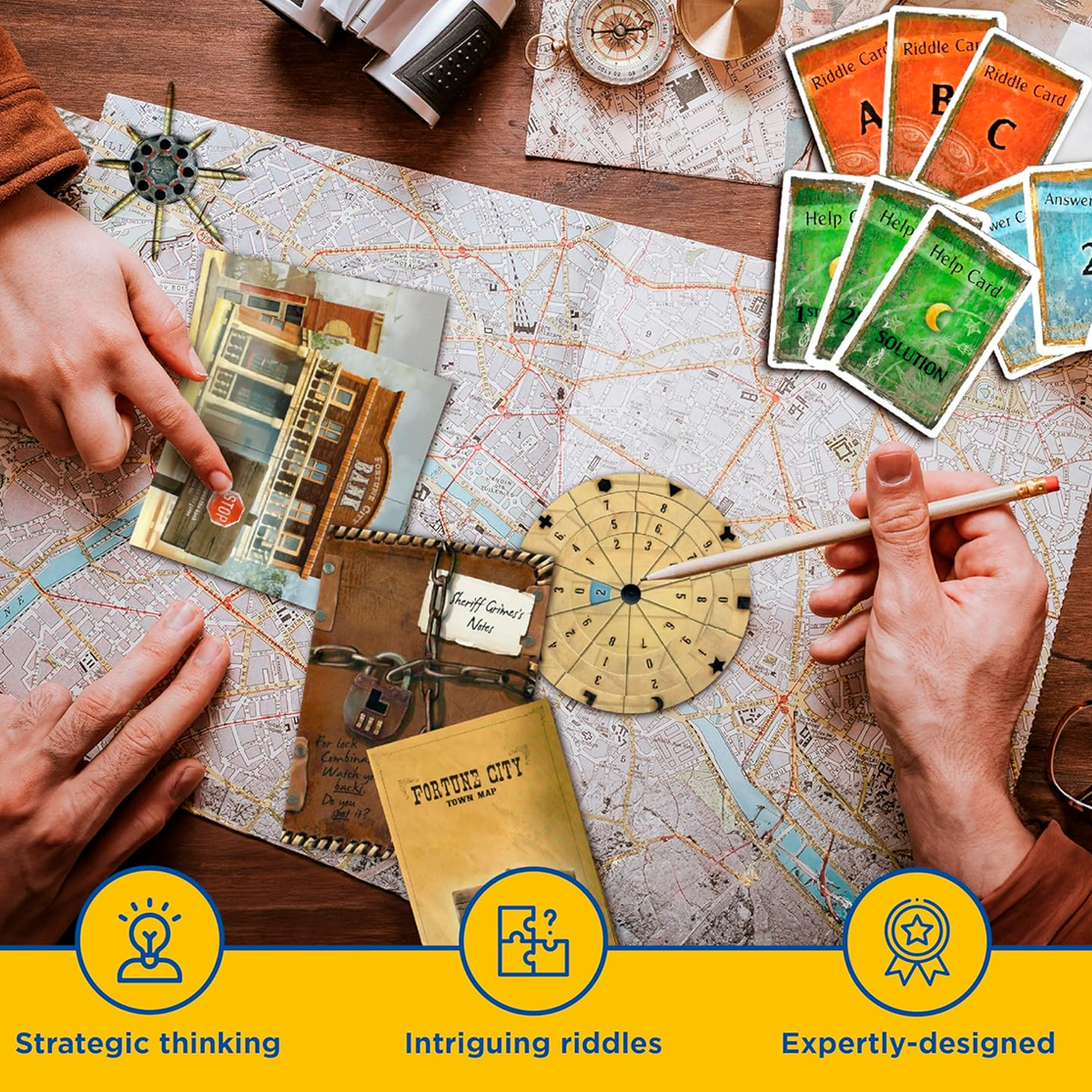 EXIT: Kidnapped in Fortune City Escape Room Board Game Being Played on a Table and Viewed From Above, Showing a Map, Photographs and Some Cards | Happy Piranha