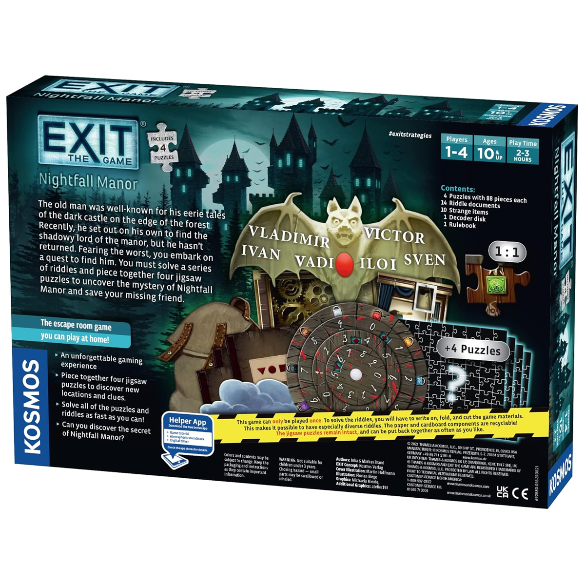 EXIT The Game + Puzzle: Nightfall Manor (Back of Box) On a White Background | Happy Piranha