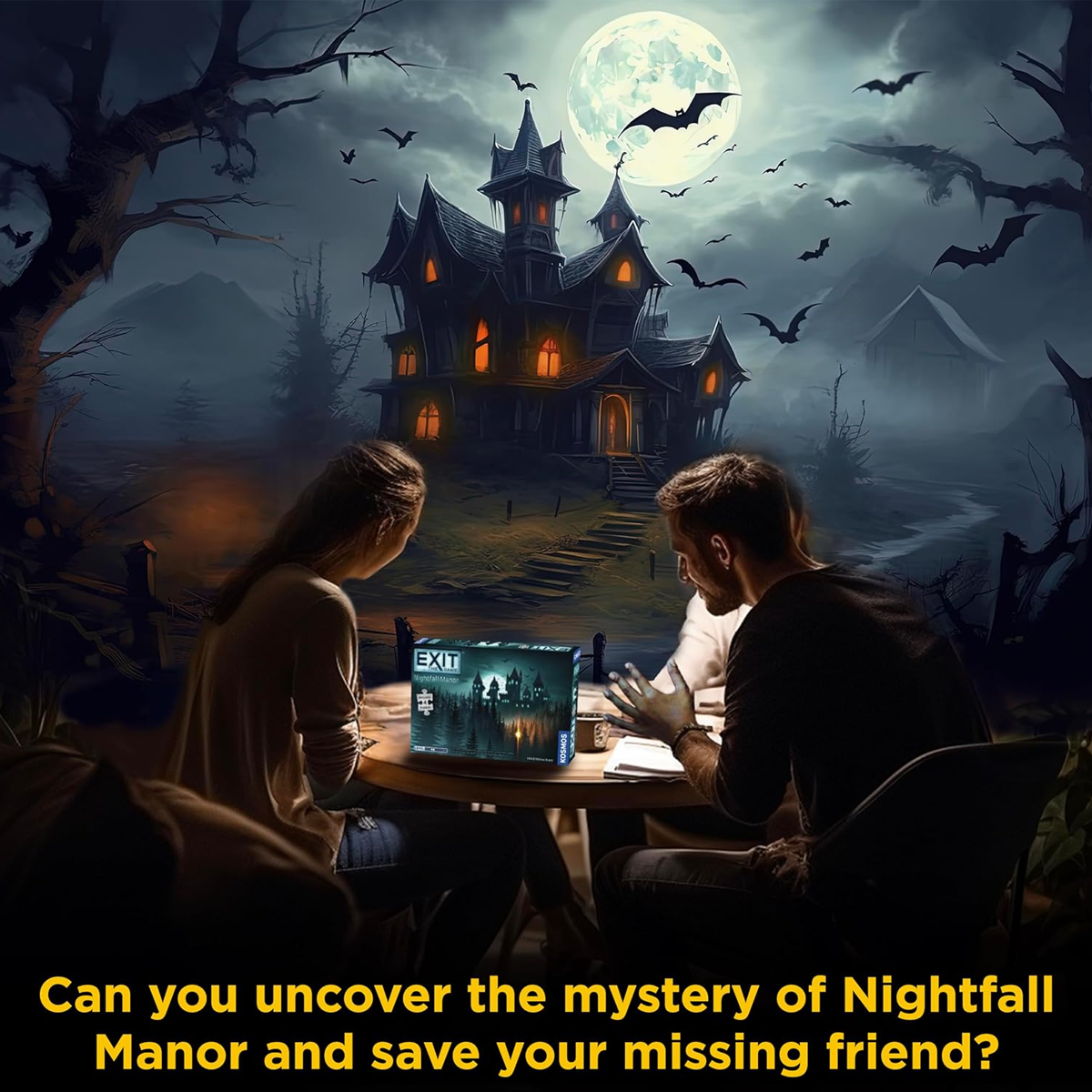 EXIT The Game + Puzzle: Nightfall Manor Infographic Showing Three People Playing the Game at a Table With a Dark and Mysterious Manor House in the Background | Happy Piranha