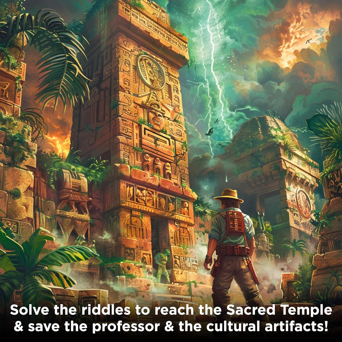 EXIT The Game + Puzzle: The Sacred Temple Infographic Showing an Explore Infront of Some Mayan Ruins | Happy Piranha