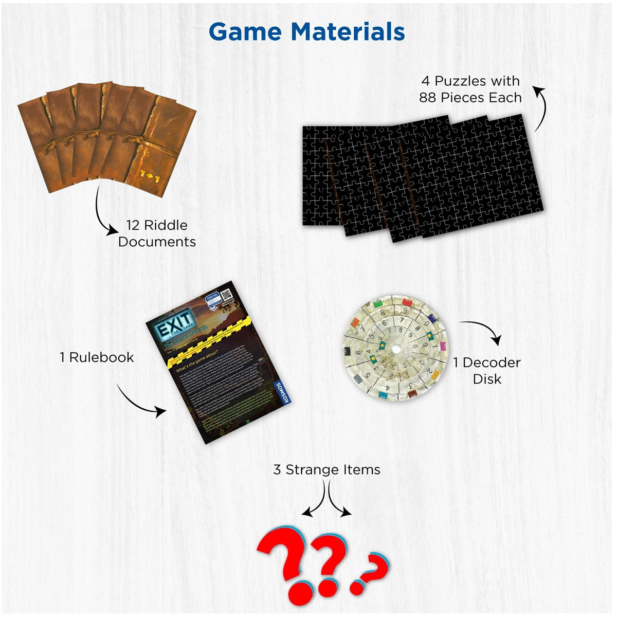 EXIT The Game + Puzzle: The Sacred Temple (Box and Contents) On a White Background | Happy Piranha