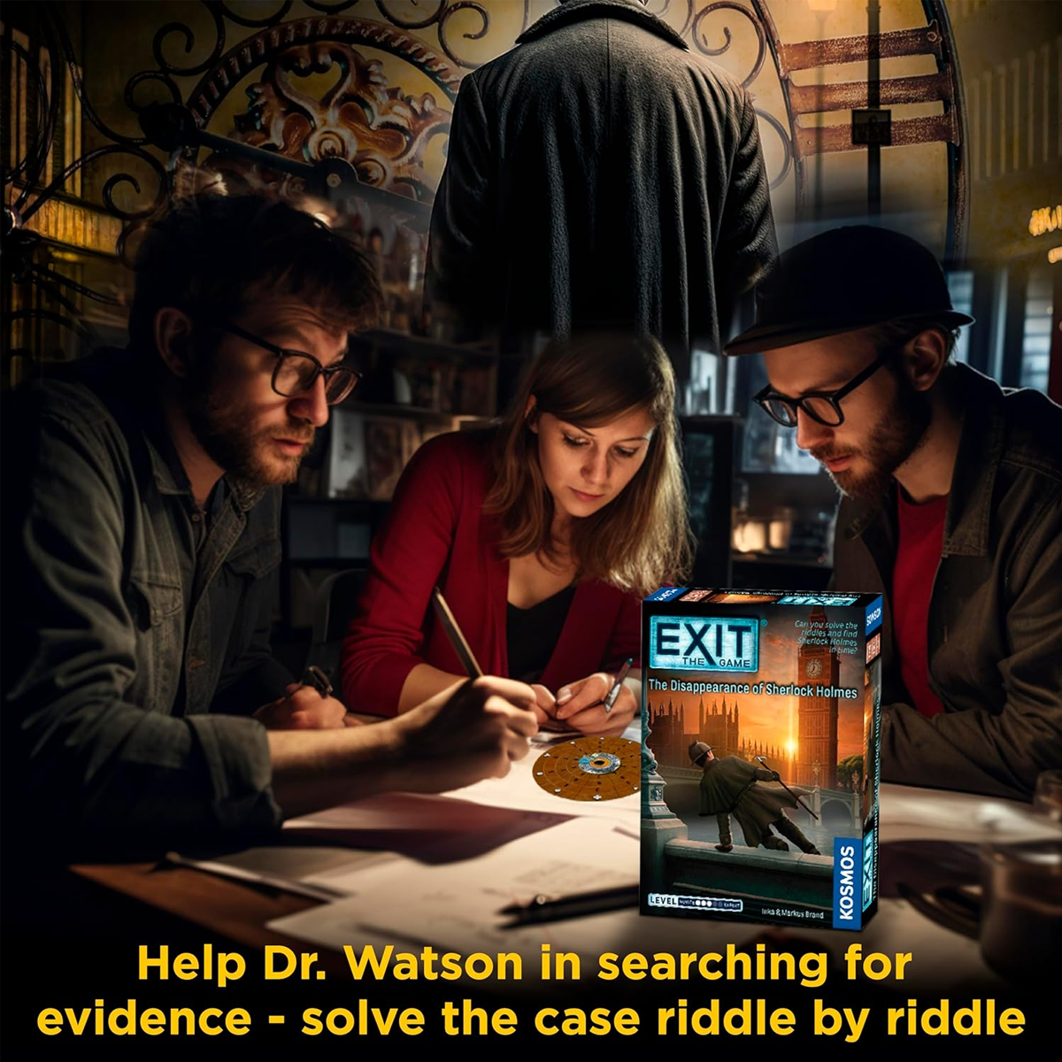 EXIT: The Disappearance of Sherlock Holmes Escape Room Board Game Infographic Showing 3 People sitting over as Lamp-lit Table Playing, With Mysterious Visions Behind Them | Happy Piranha