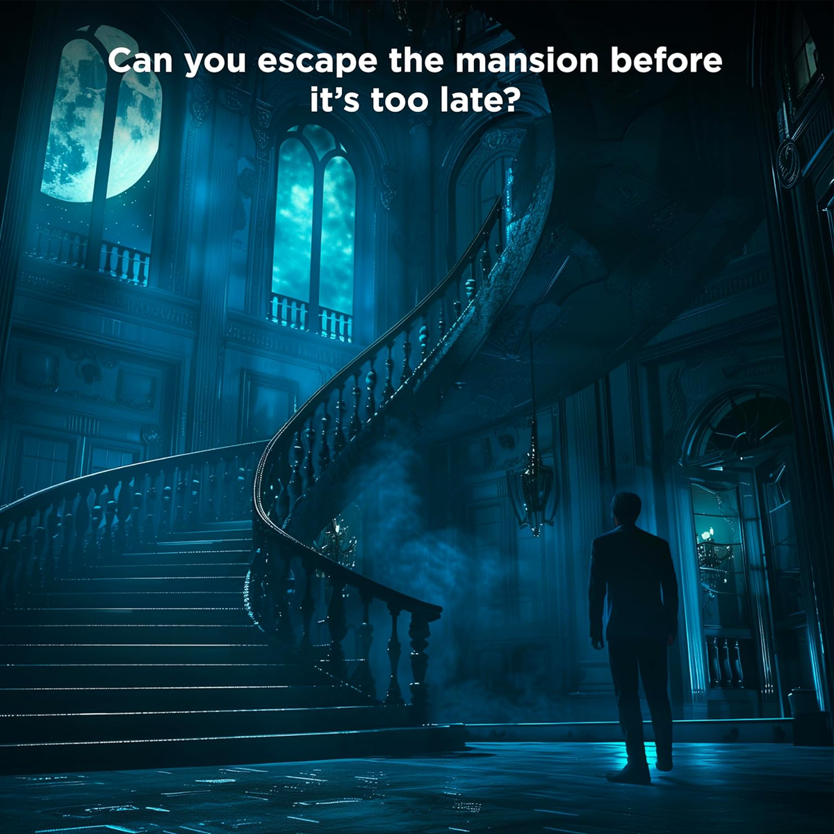 EXIT: The Sinister Mansion Escape Room Board Game Infographic Showing a Man Looking up at a Dark Stairwell in a Haunted Mansion | Happy Piranha