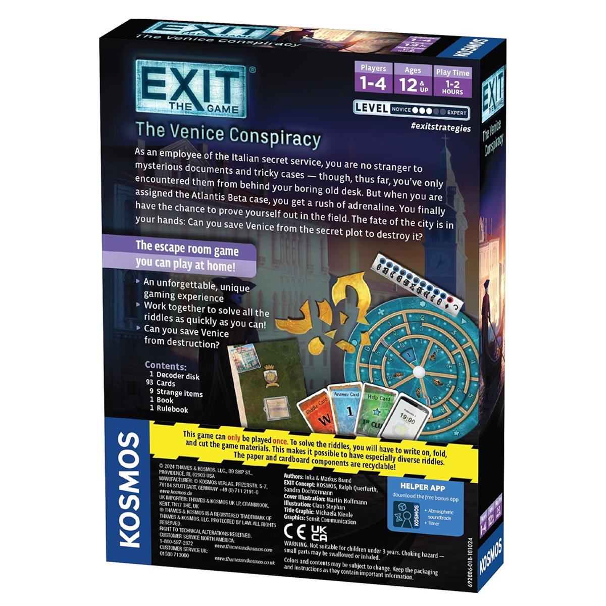 EXIT: The Venice Conspiracy Escape Room Board Game (Back of Box) on a White Background | Happy Piranha