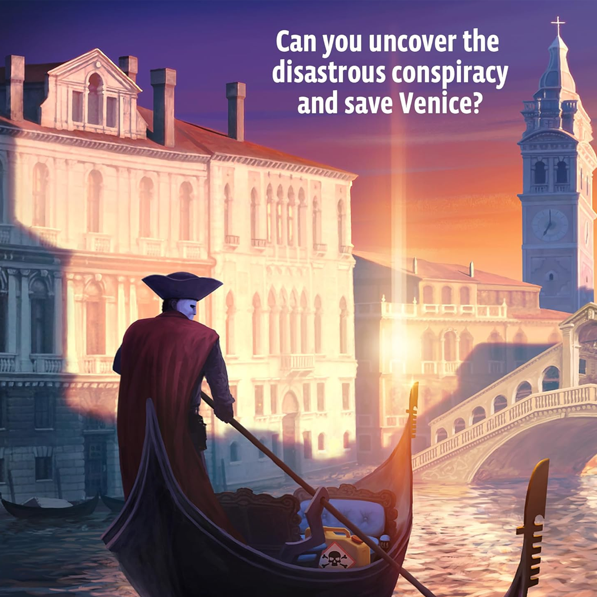 EXIT: The Venice Conspiracy Escape Room Board Game Infographic Showing a Masked Man on a Canal Boat in Venice | Happy Piranha