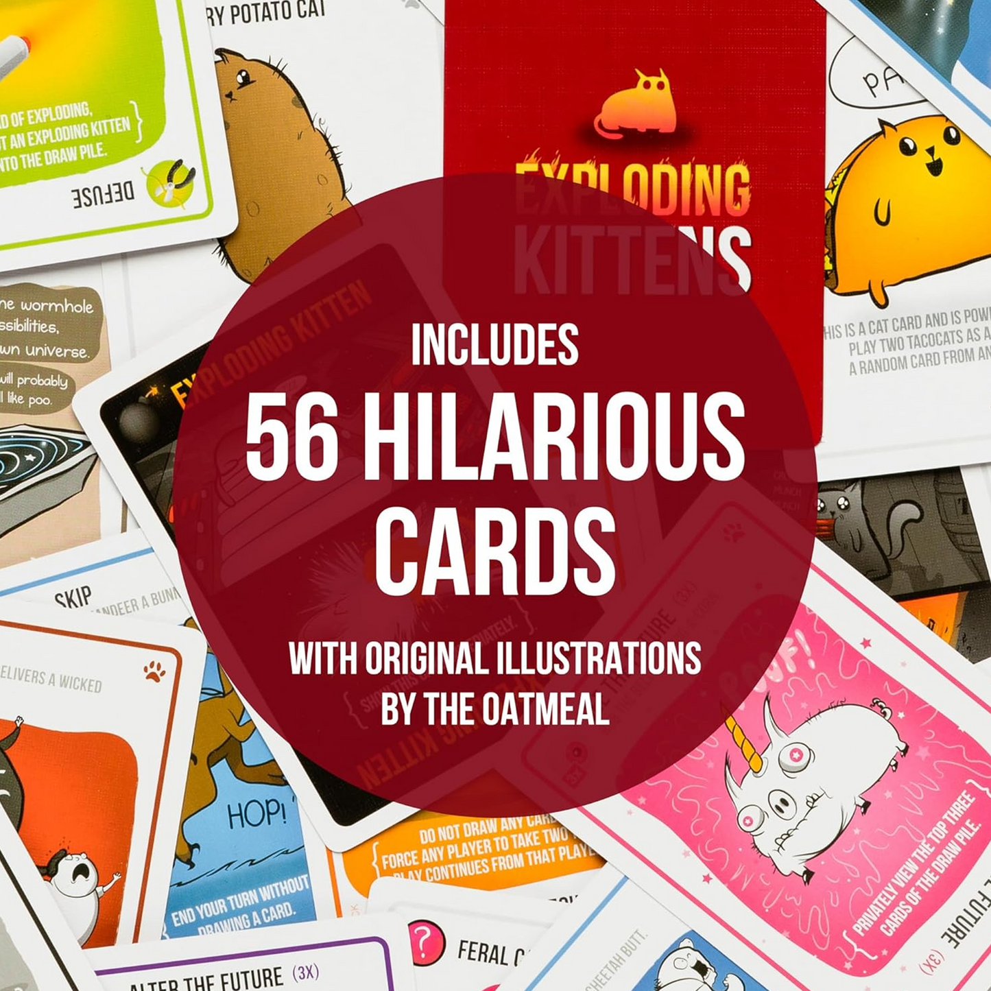 Exploding Kittens Original Edition Cards with a '56 Original cards' sign over the top | Happy Piranha