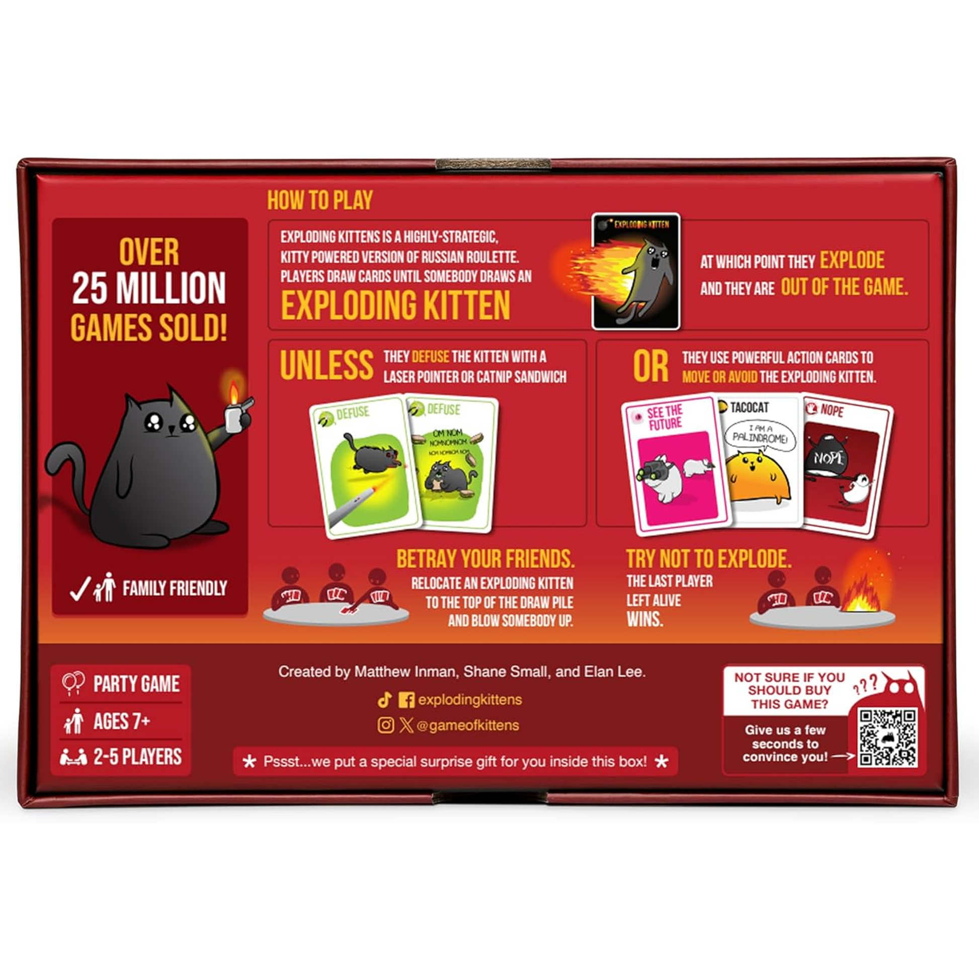 Exploding Kittens Original Edition Card Game Back of Box | Happy Piranha