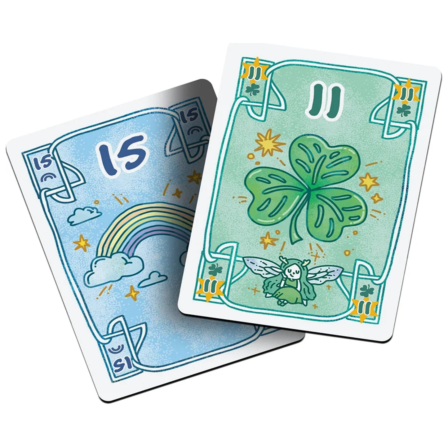 Fairy Card Game (A Green '11' and a Blue '15' Card) On a White Background | Happy Piranha