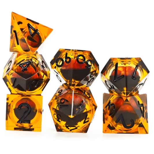 Rolling Fire Dragon Eyes: Liquid Core Sharped Edged Polyhedral Dice Set Stacking in a Pile on a White Background | Happy Piranha