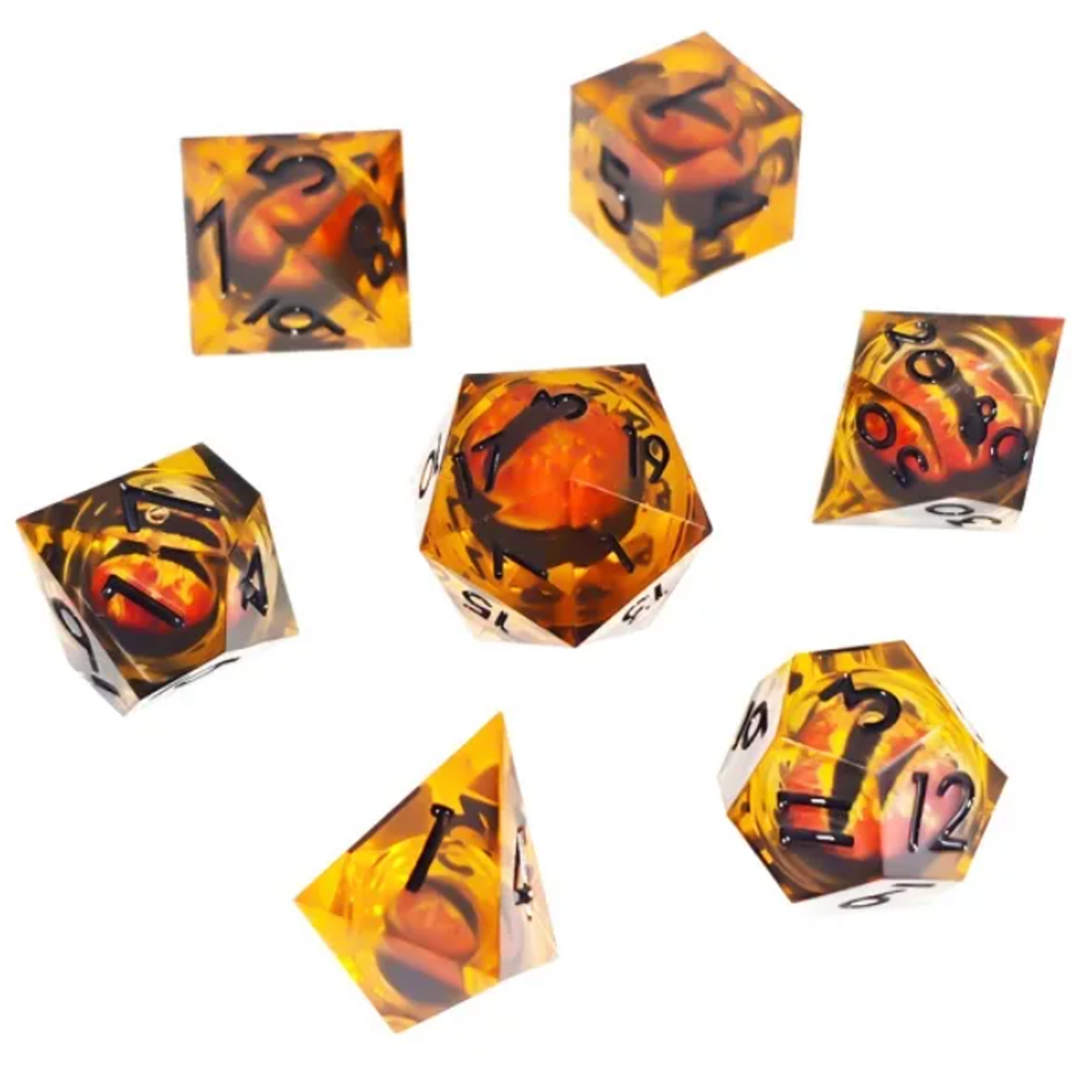 Rolling Fire Dragon Eyes: Liquid Core Sharped Edged Polyhedral Dice Set in a Circle on a White Background | Happy Piranha