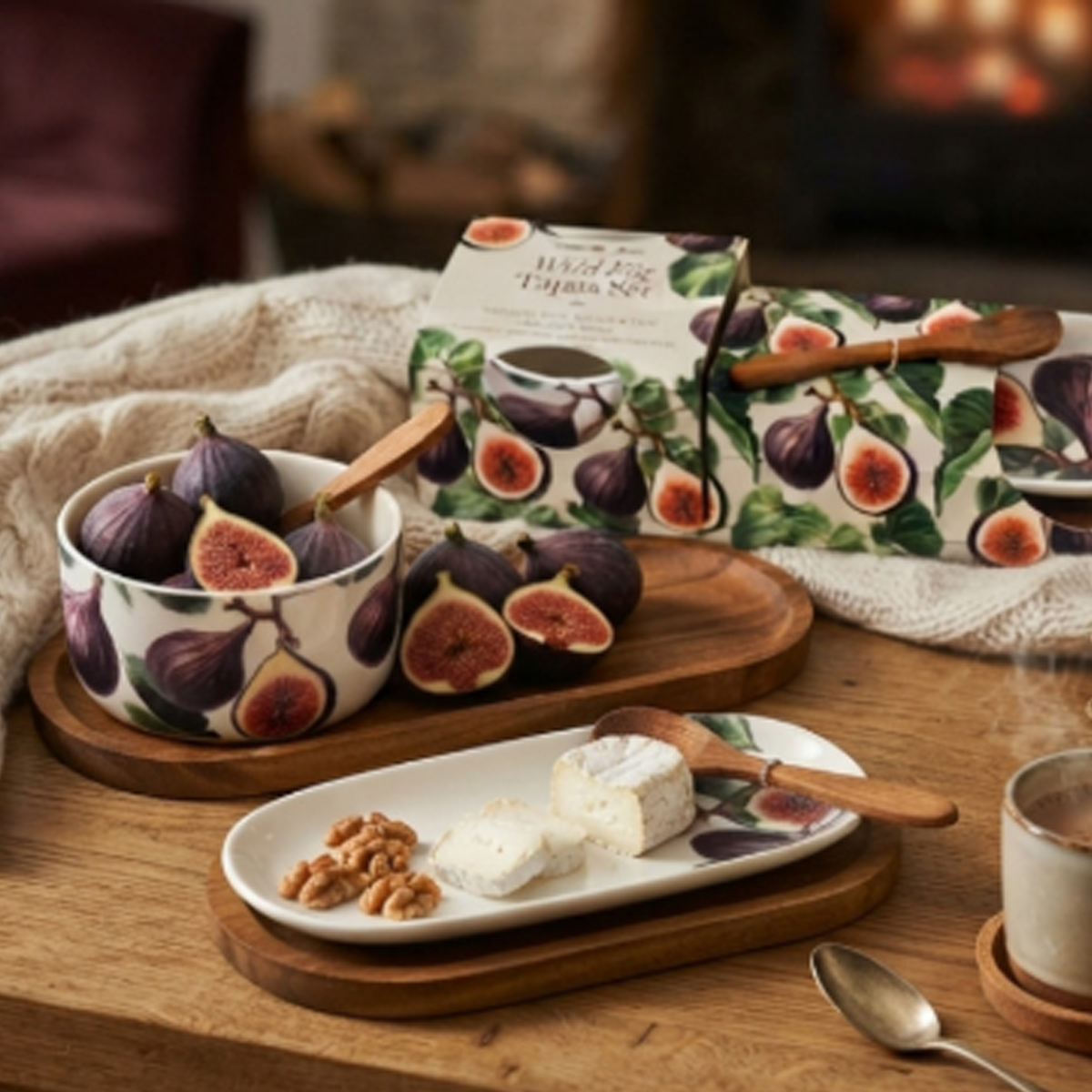 Cosy Home Fig Design 2 Piece Ceramic Tapas Set on a Wooden Table under Cosy Lighting | Happy Piranha