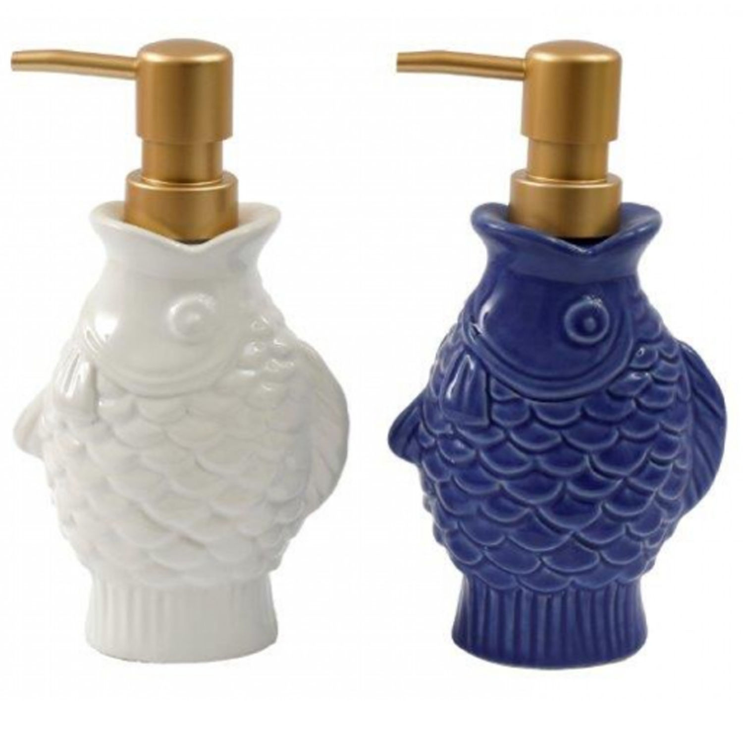 Blue & White Fish Shaped Ceramic Soap Dispensers on a White Background | Happy Piranha