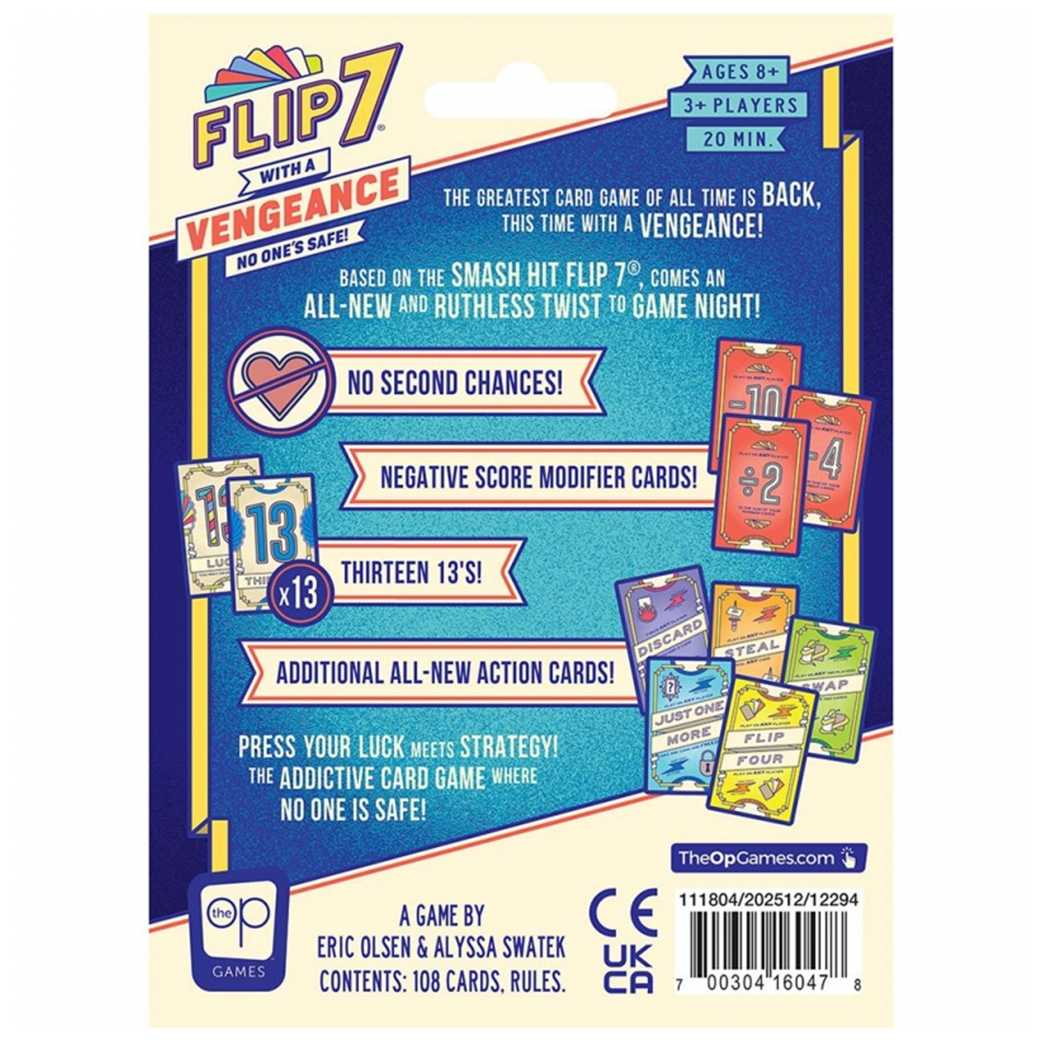Flip 7 With A Vengeance Card Game (Back of Box on a White Background) | Happy Piranha