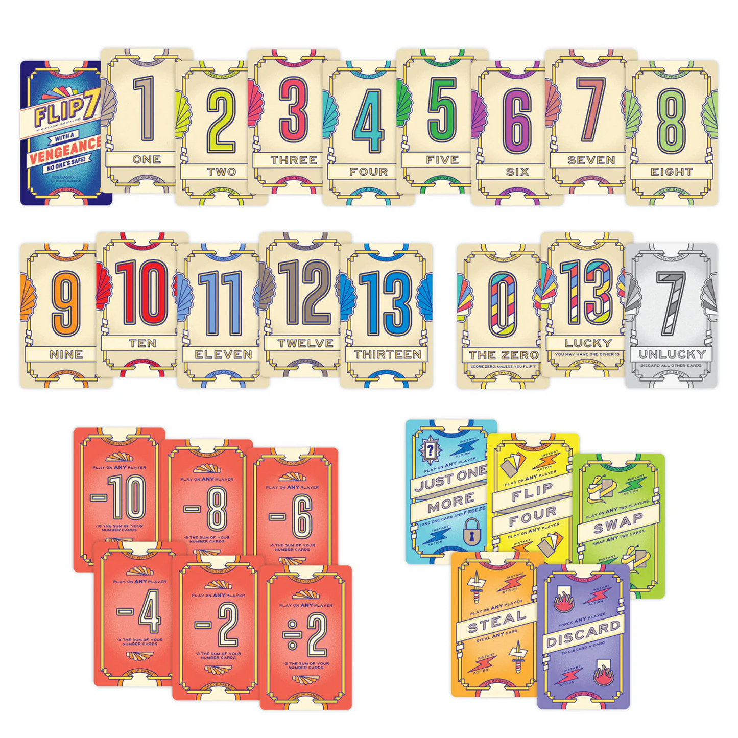 Flip 7 With A Vengeance Card Game (Examples of Each Card on a White Background) | Happy Piranha