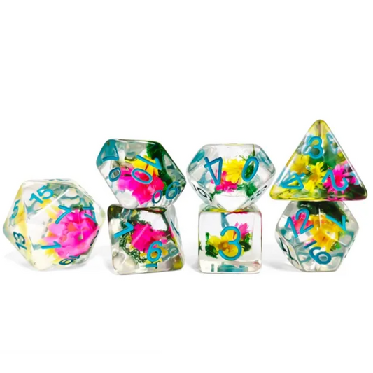 Flower Power! - Mini Flower Filled Polyhedral Dice Set Stacked up on a White Background | Happy Piranha
