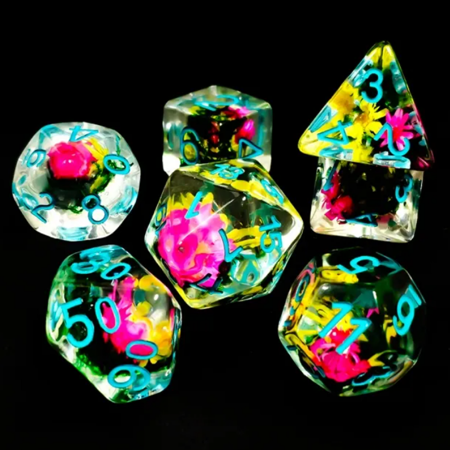 Flower Power! - Mini Flower Filled Polyhedral Dice Set in a Circle a Black Background | Happy Piranha
