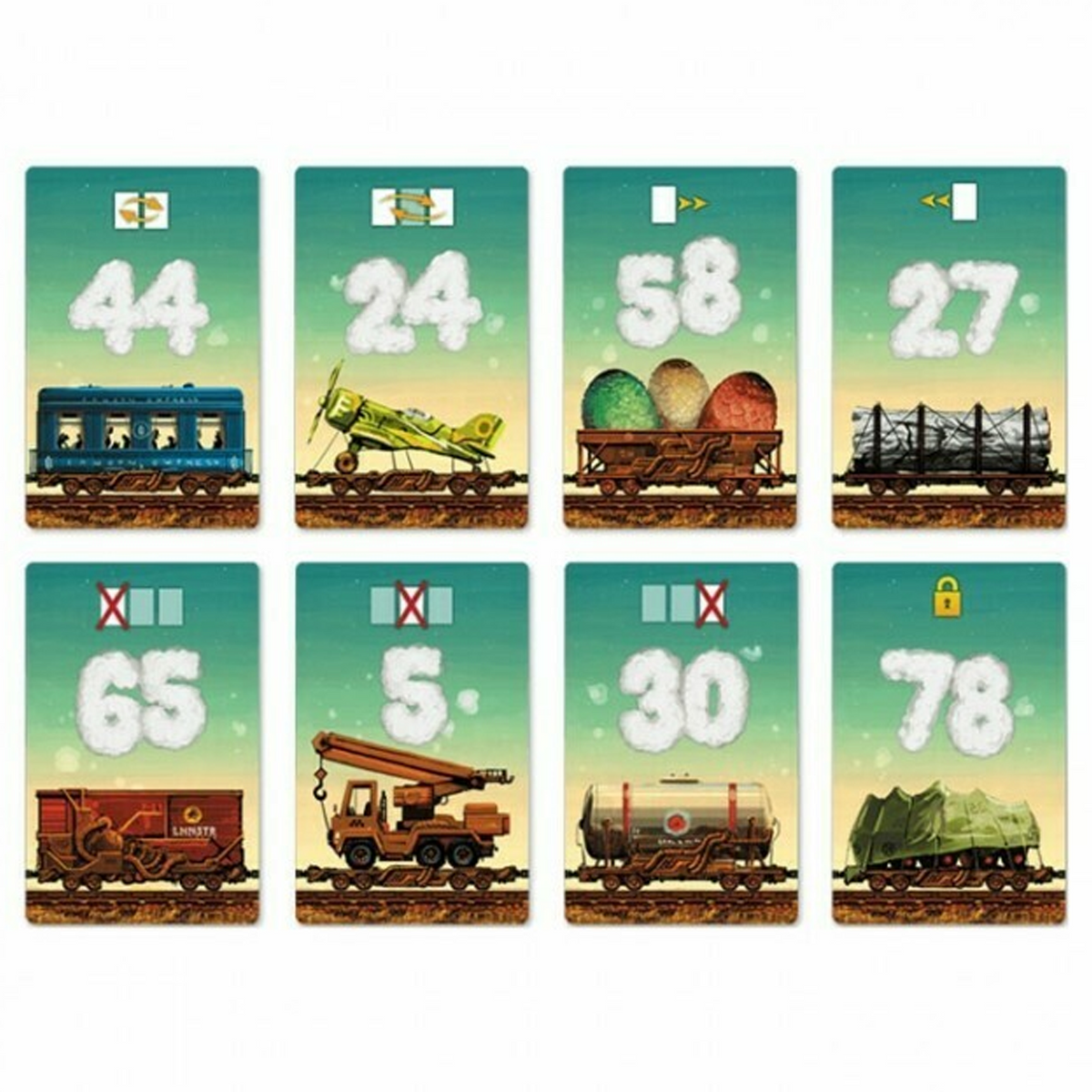 Game of Trains Card Game (Card Examples Lined Up in a Row) on a White Background | Happy Piranha