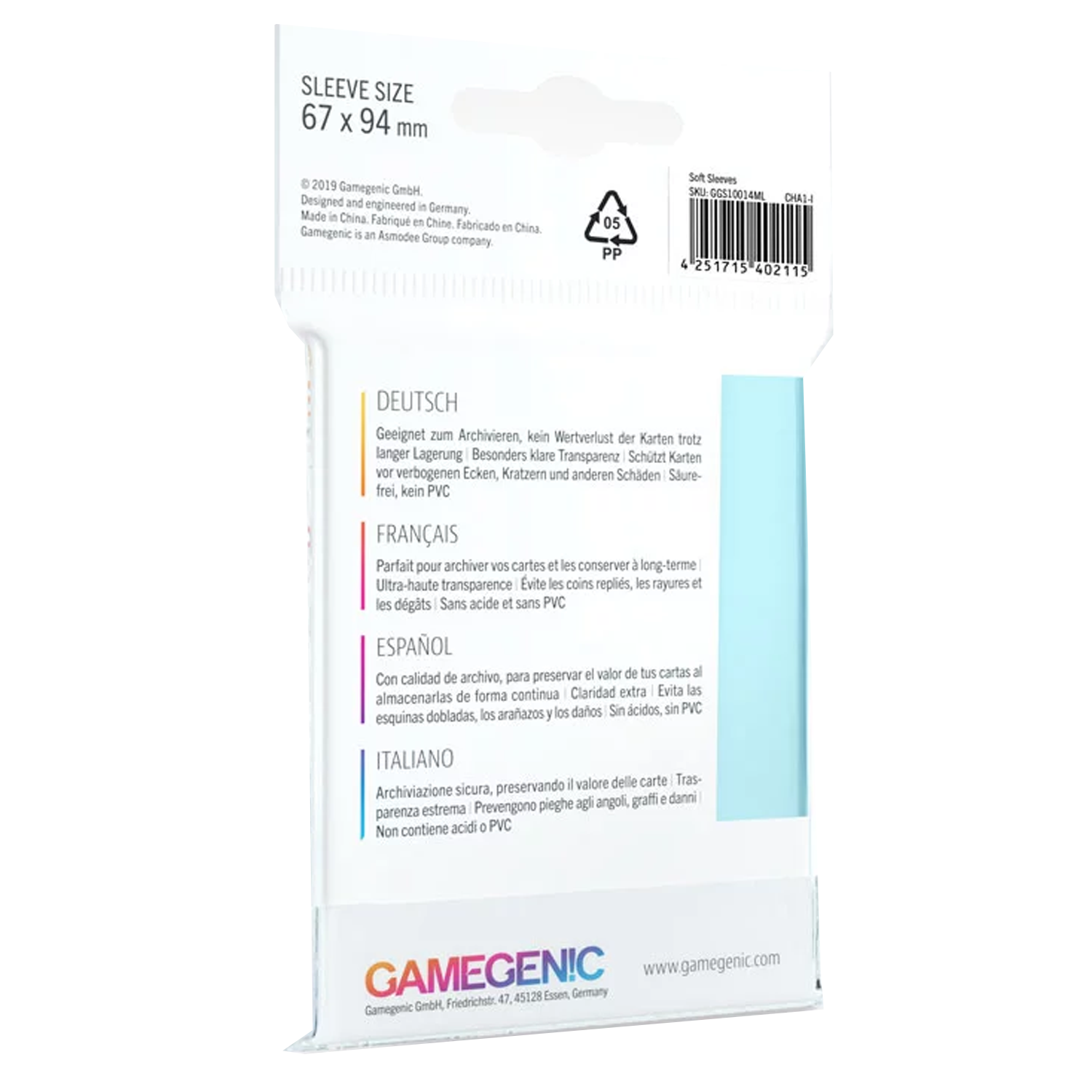Gamegenic 67x94mm Clear Soft Standard Sized Card Sleeves 100 Pack (Back) | Happy Piranha