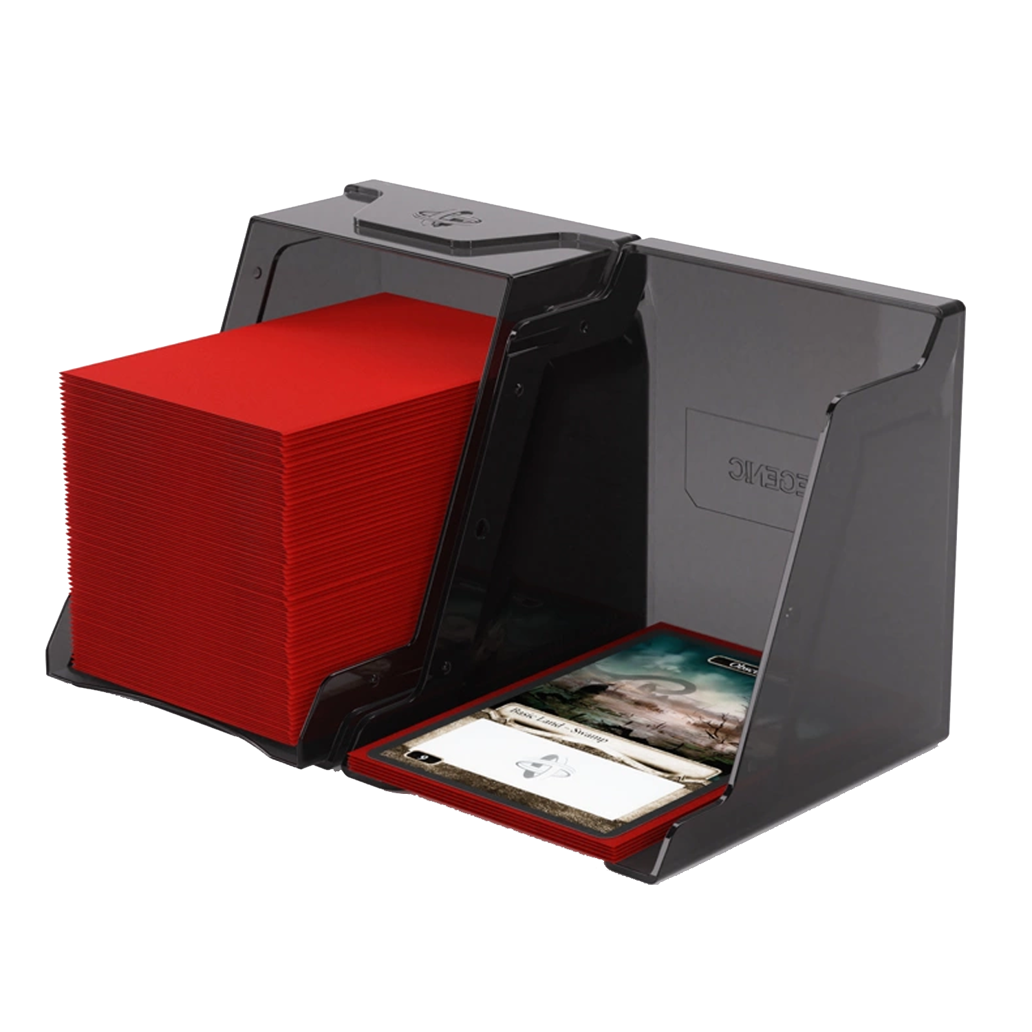 Gamegenic Bastion 100+ XL Deck Box: Black Split into its Two Halves, Holding Card sin Each | Happy Piranha