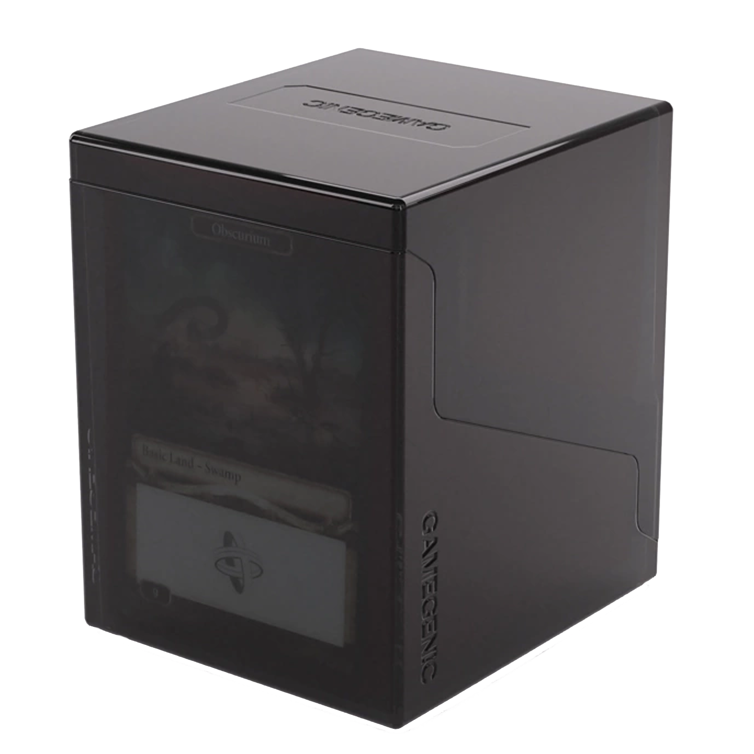Gamegenic Bastion 100+ XL Deck Box: Black With a Commander Deck Inside, on a White Background | Happy Piranha