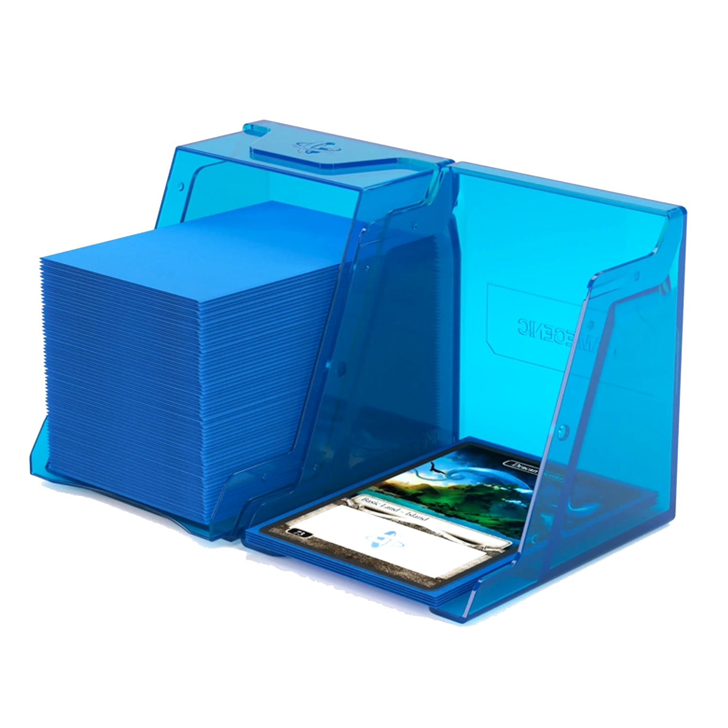 Gamegenic Bastion 100+ XL Deck Box: Blue Split into Its Two Halves With Cards Inside of Each | Happy Piranha