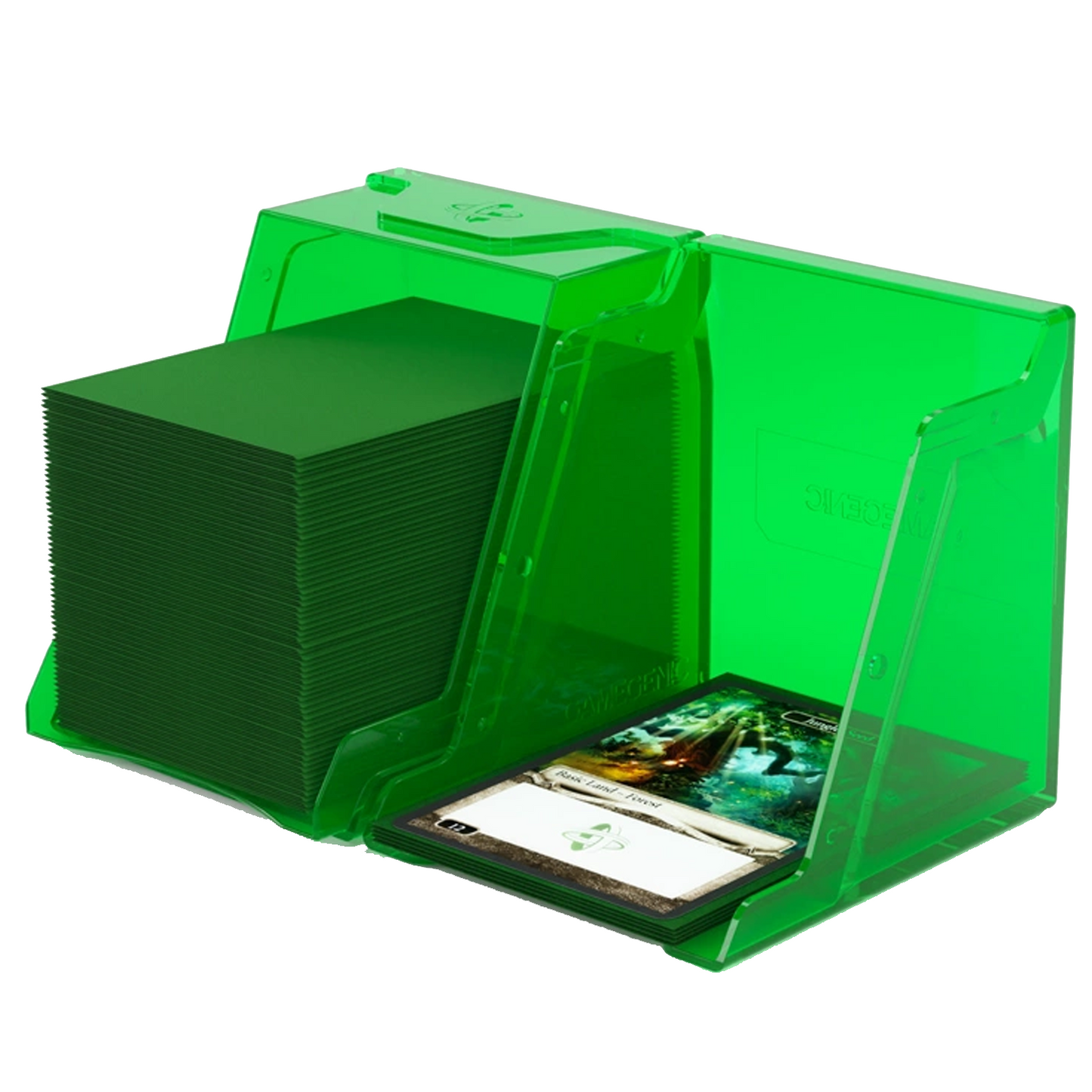 Gamegenic Bastion 100+ XL Deck Box: Green, Opened and holding Cards in Each of its Two Halves.