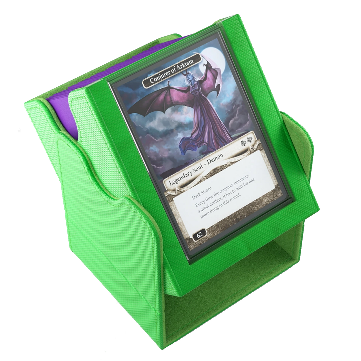 Gamegenic Squire Plus 100+ XL Convertible Deck Box: Green Tilted With the Commander Card Showing | Happy Piranha