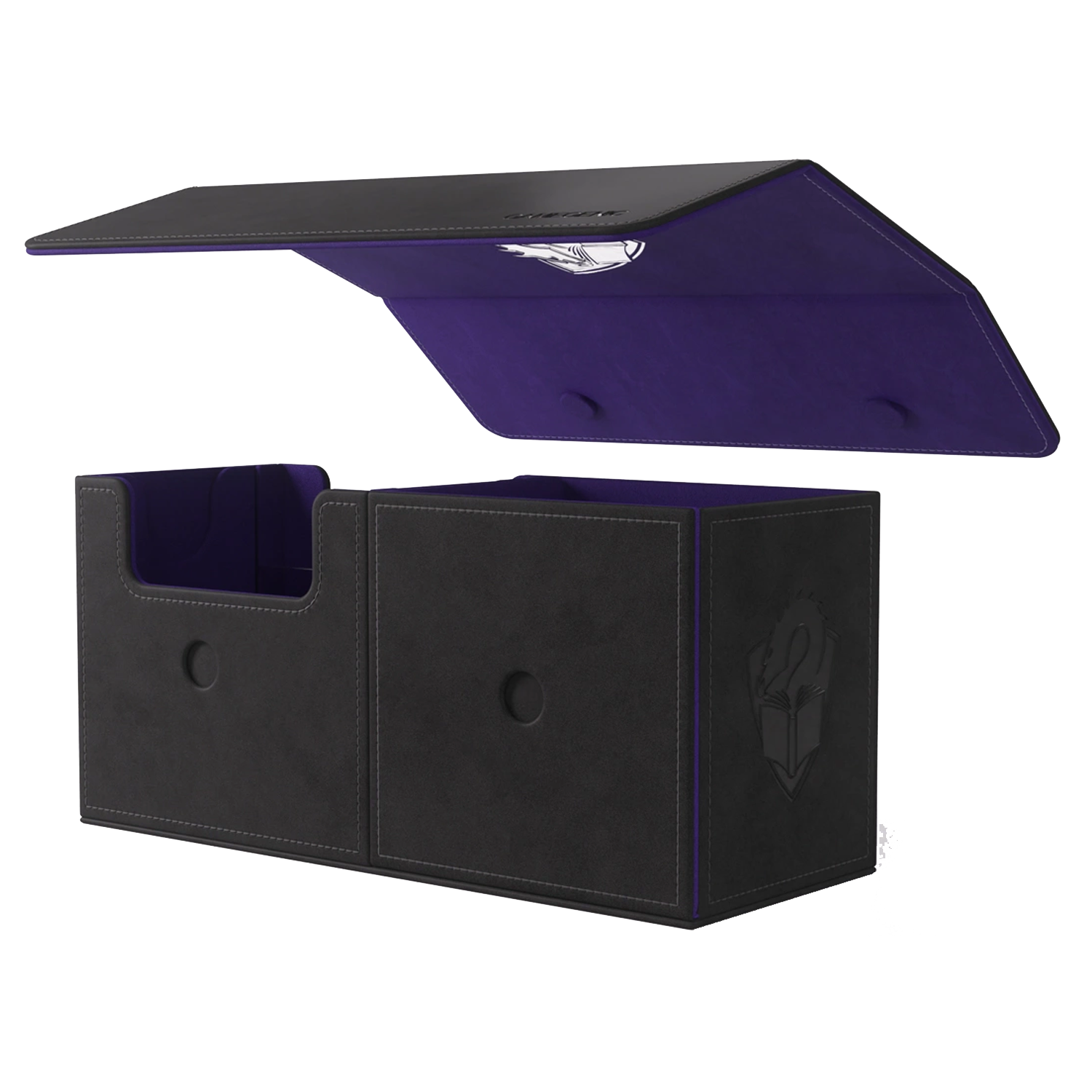 Gamegenic The Academic 133+ XL Tolarian Edition Deck Box (With Lid Removed Hovering Above the Main Box) | Happy Piranha