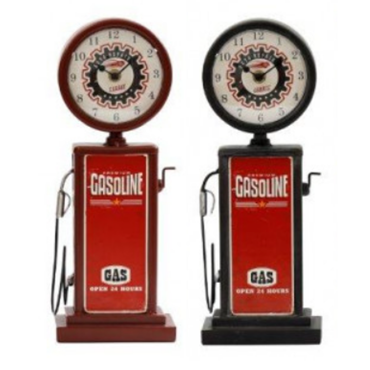 Retro Gas Pump Shaped Table Clock - Both Colours (Red and Black) Side by Side on a White Background